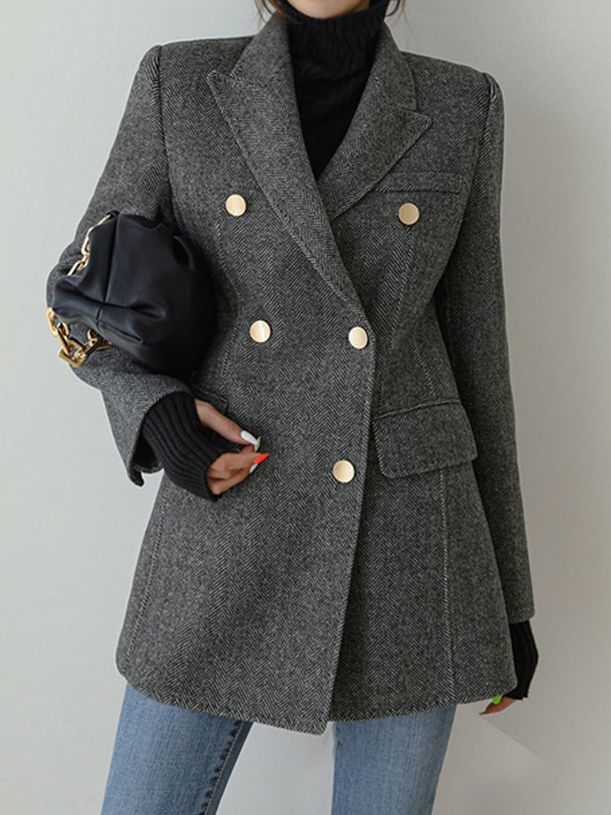 Yün Karışımı Şevron Ekose Uyumlu Blazer Quvarse