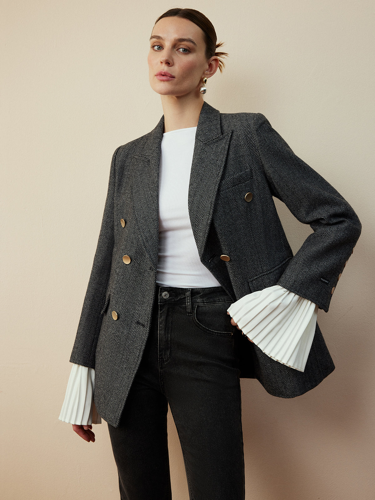 Yün Karışımı Şevron Ekose Uyumlu Blazer Quvarse