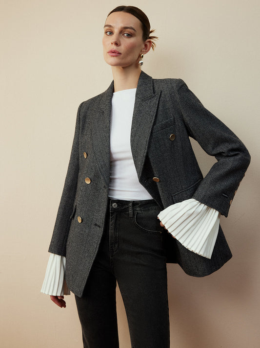 Yün Karışımı Şevron Ekose Uyumlu Blazer Quvarse