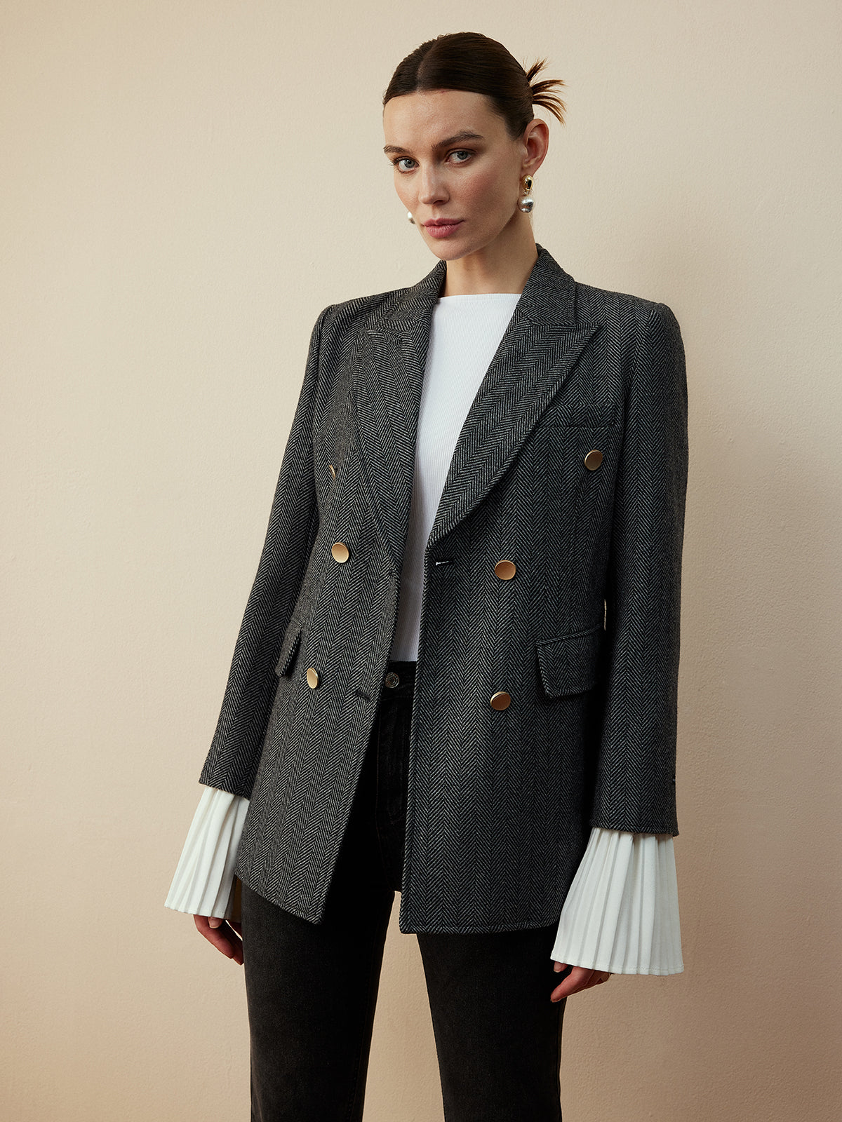 Yün Karışımı Şevron Ekose Uyumlu Blazer Quvarse