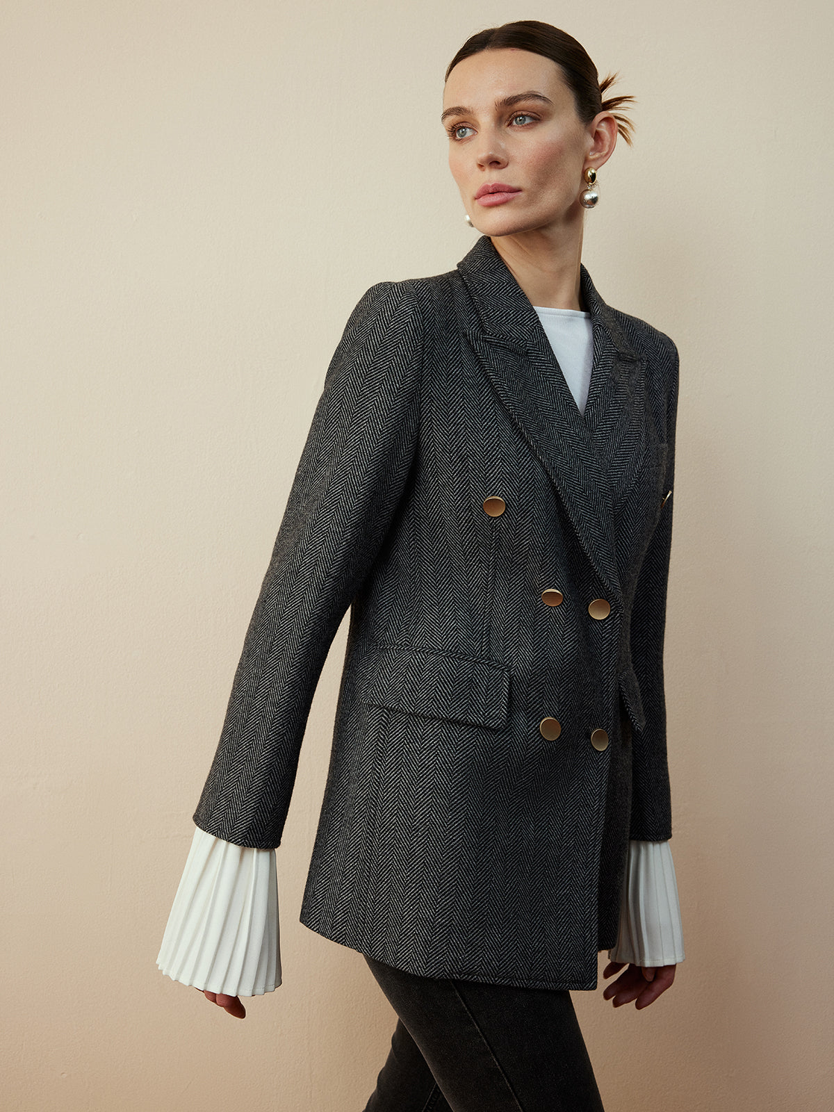 Yün Karışımı Şevron Ekose Uyumlu Blazer Quvarse
