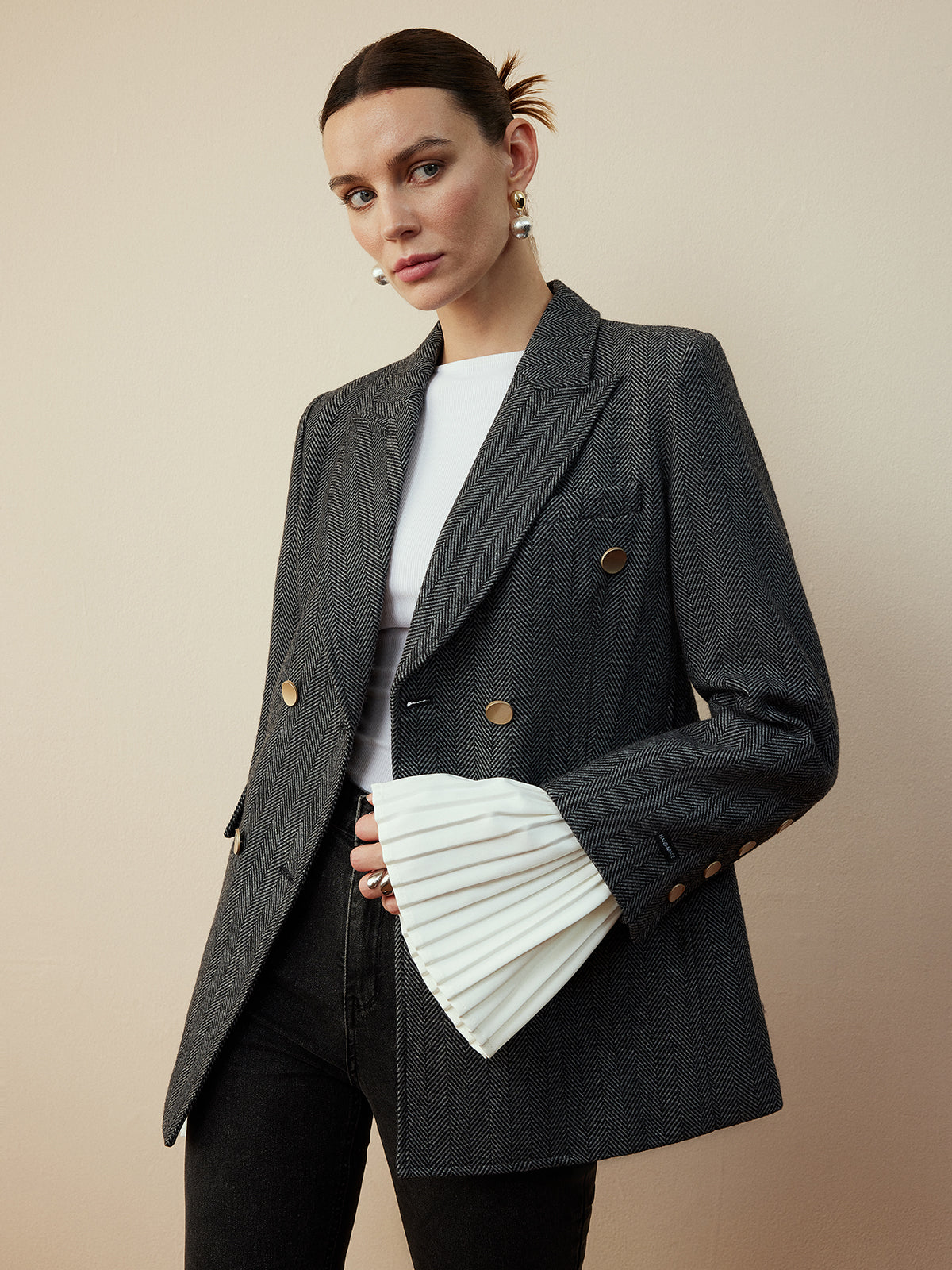 Yün Karışımı Şevron Ekose Uyumlu Blazer Quvarse