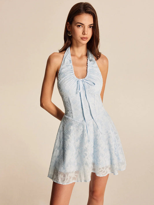 Breezy Halter Papyon Düşük Bel Jakarlı Tatil Çiçekli Mini Elbisesi Niebbla