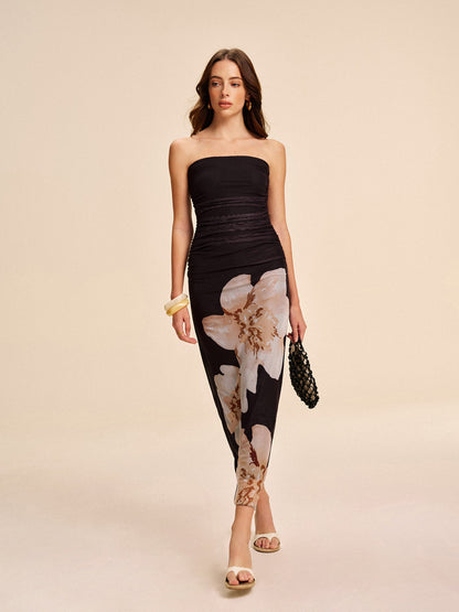 Yarım saydam askısız dantel çiçekli elbise Quvarse