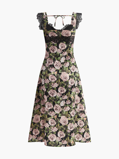Flower Patterned Lace Detailed Tie Dress Quvarse
