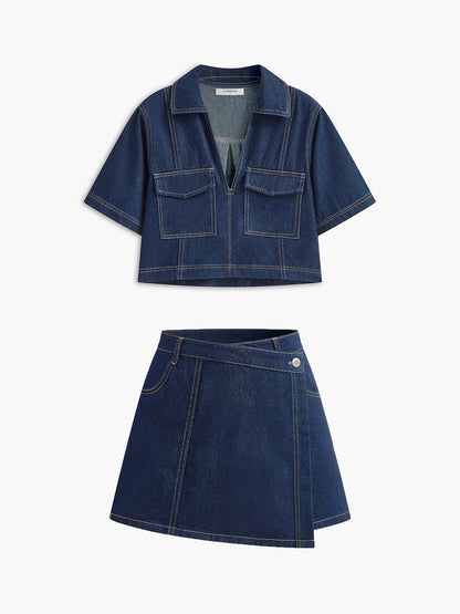 Şık Denim Kısa Takım Trendy Cep Detayı ile THESVELTECHIC