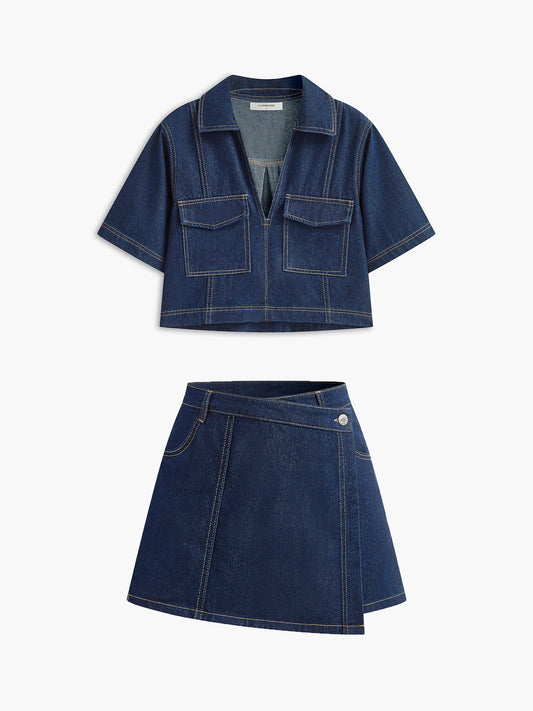 Şık Denim Kısa Takım Trendy Cep Detayı ile THESVELTECHIC