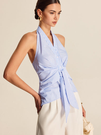 Şık Çizgili Halter Yaka Kravat Bluzu THESVELTECHIC