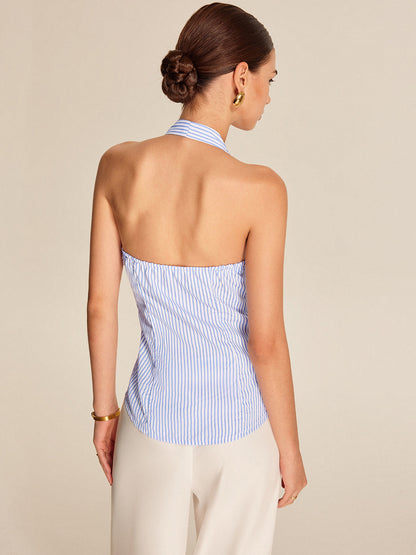Şık Çizgili Halter Yaka Kravat Bluzu THESVELTECHIC