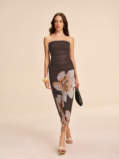 Yarım saydam askısız dantel çiçekli elbise Quvarse