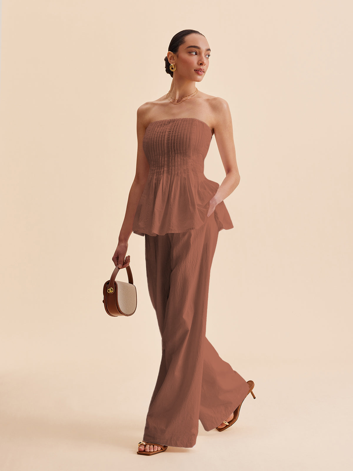 Cephe Cepler ile Pamuk Orta Bel Geniş Paça Pantolon Quvarse