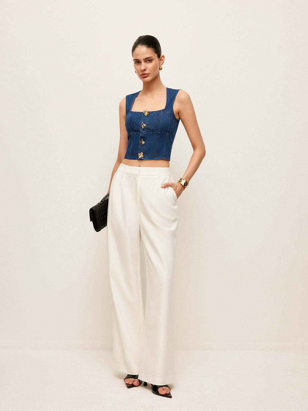 Pamuk Kare Yaka Düğme Detaylı Kot Bluz Quvarse