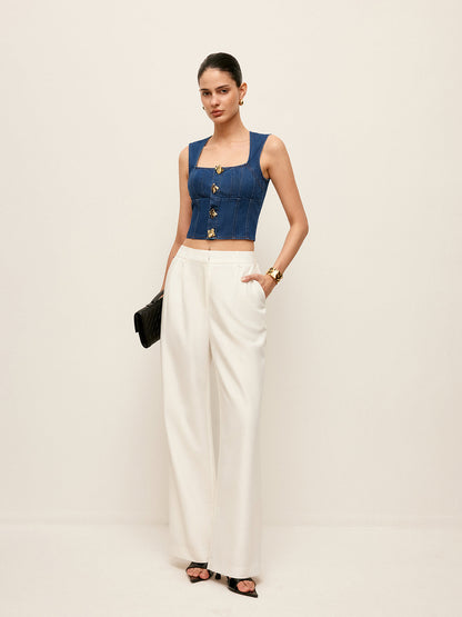 Pamuk Kare Yaka Düğme Detaylı Kot Bluz Quvarse