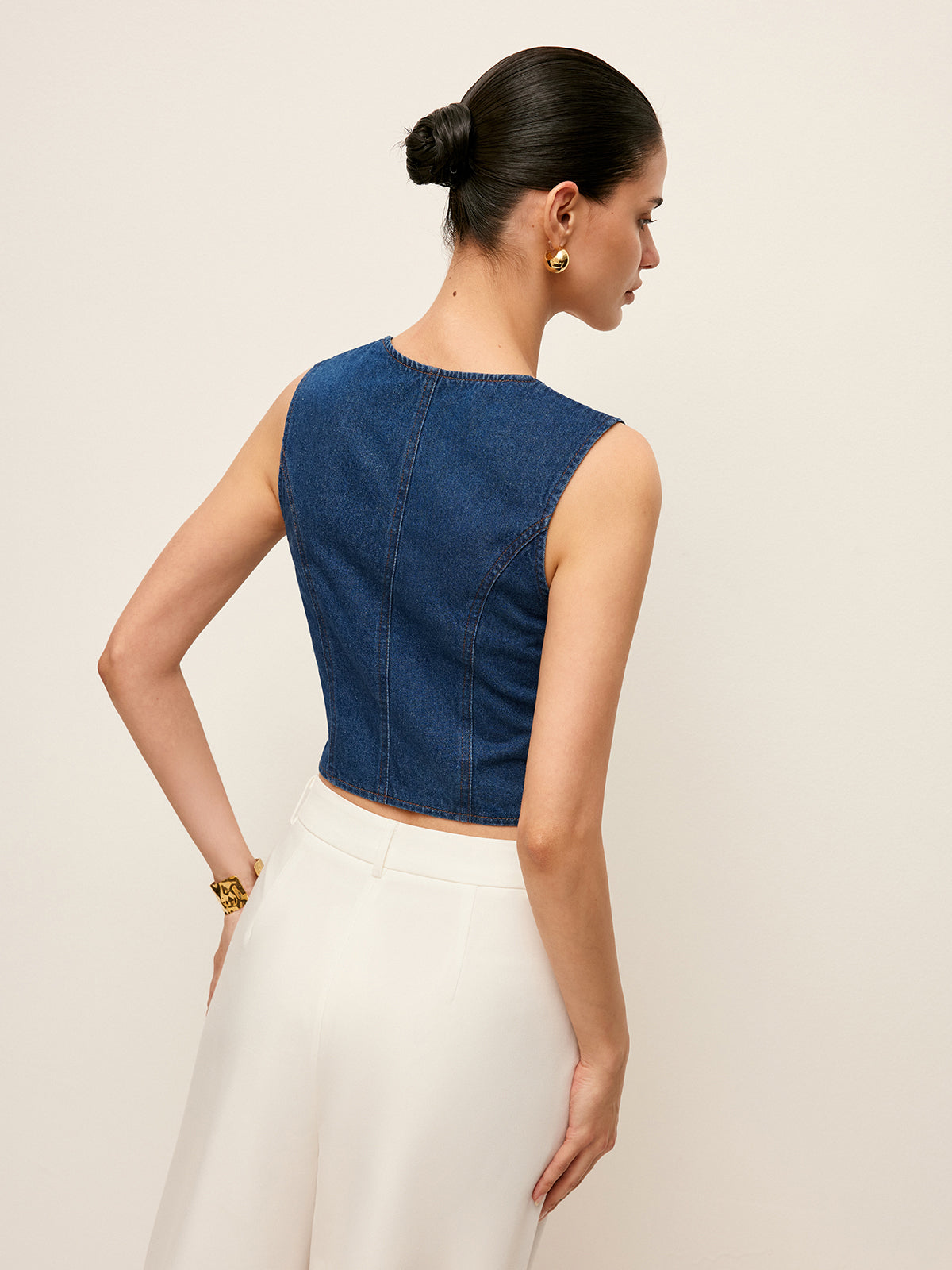 Pamuk Kare Yaka Düğme Detaylı Kot Bluz Quvarse