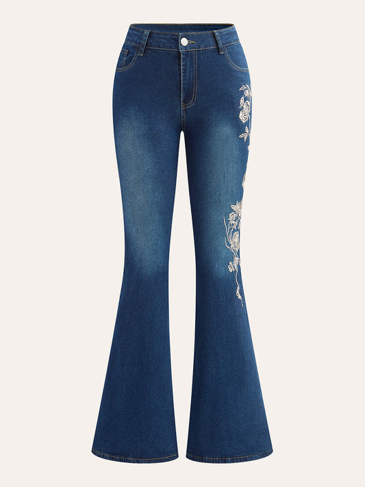 Şık Orta Bel Sıfır Paça Jeanler Elegant Nakışlı THESVELTECHIC