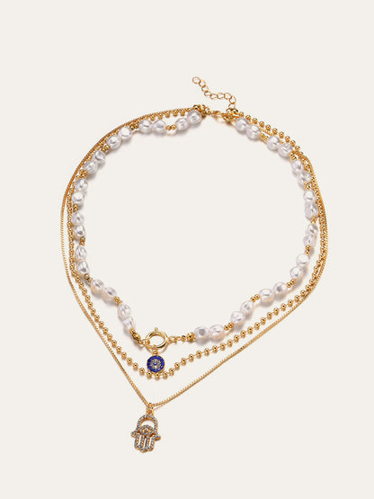 Şık Görünüm İçin İnci ve Hamsa El Desenli Çocuk Bezi Kolye Seti THESVELTECHIC