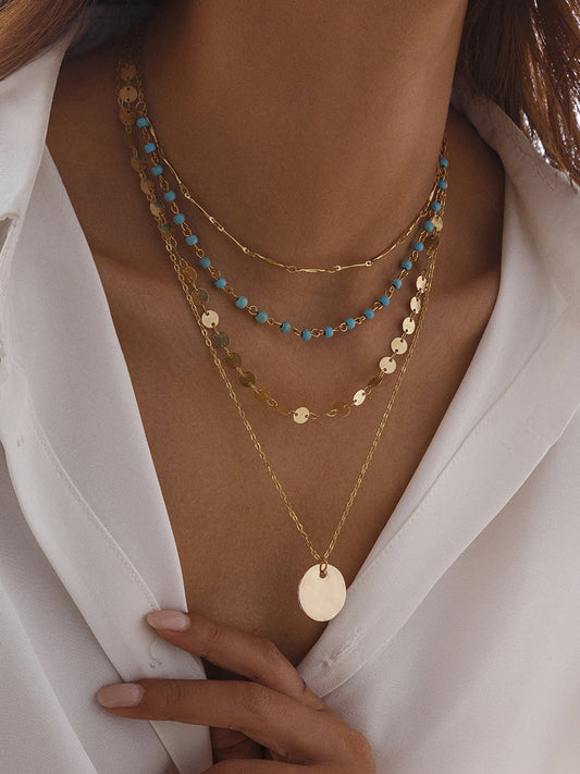 Altın Tonlu Katmanlı Kolye Boncuk ve YUvarlak Asma Uçlu THESVELTECHIC