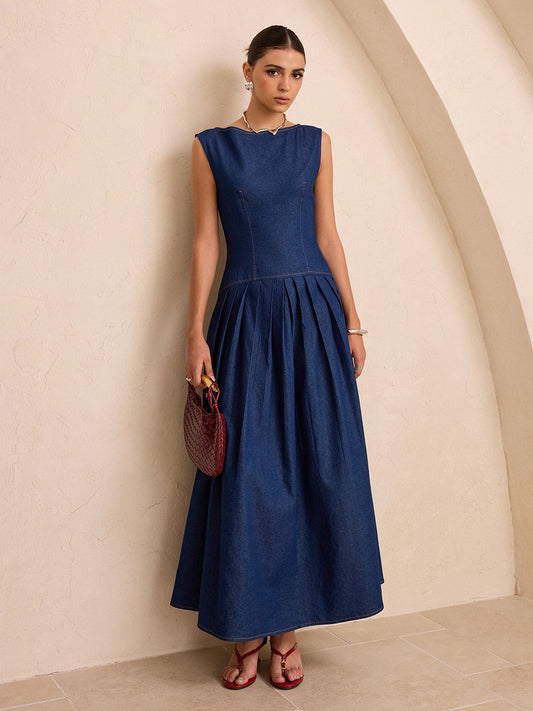 Suni Denim Kolsuz Pilili Maxi Elbise THESVELTECHIC