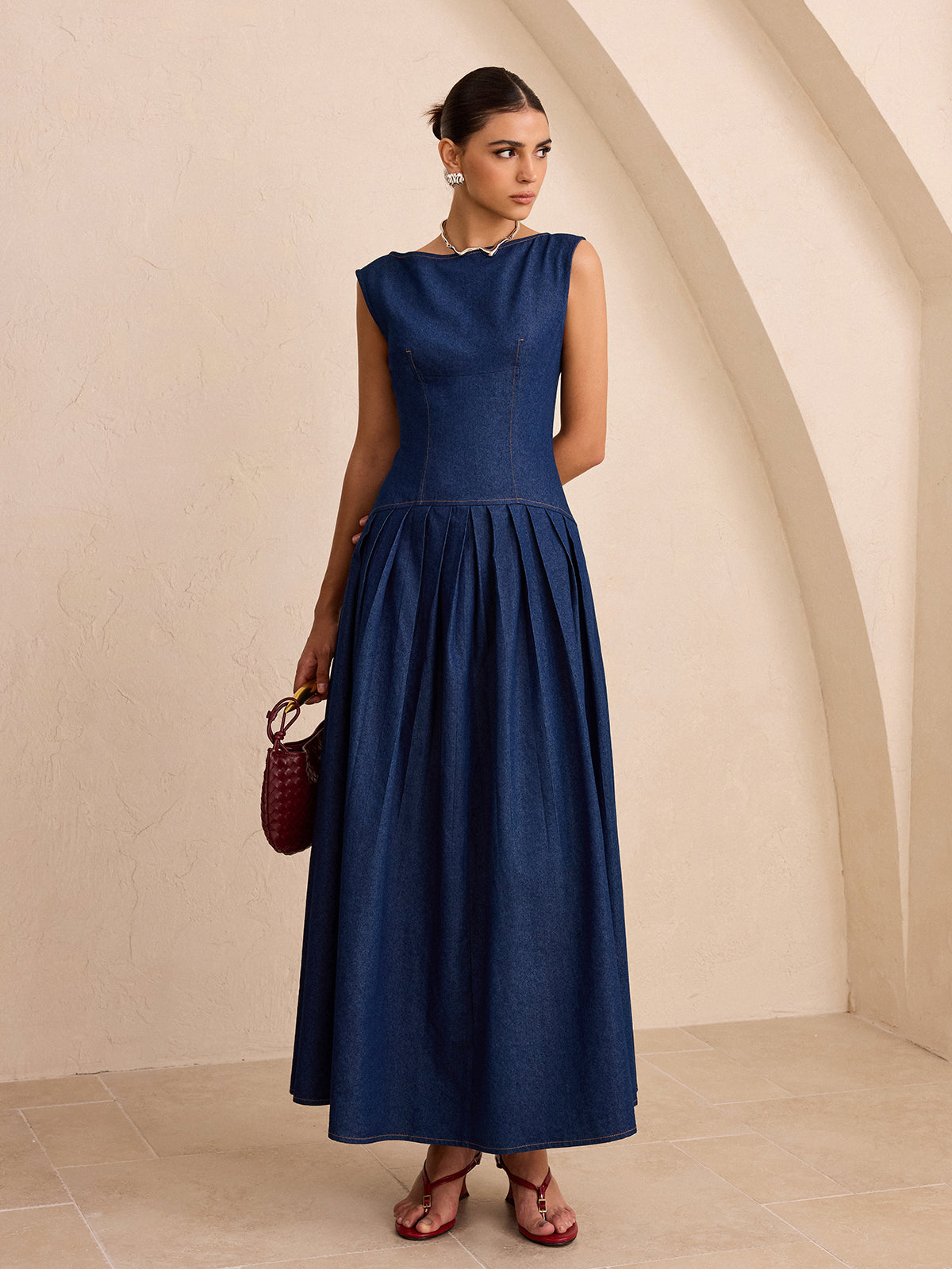 Suni Denim Kolsuz Pilili Maxi Elbise THESVELTECHIC