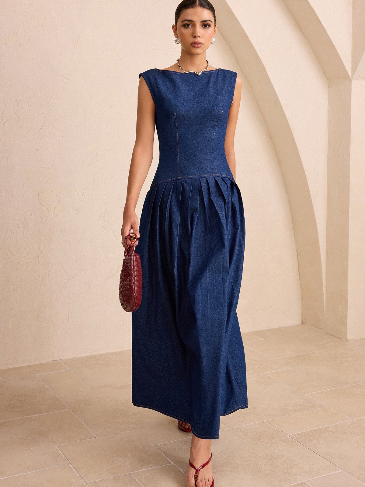 Suni Denim Kolsuz Pilili Maxi Elbise THESVELTECHIC