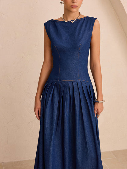 Suni Denim Kolsuz Pilili Maxi Elbise THESVELTECHIC