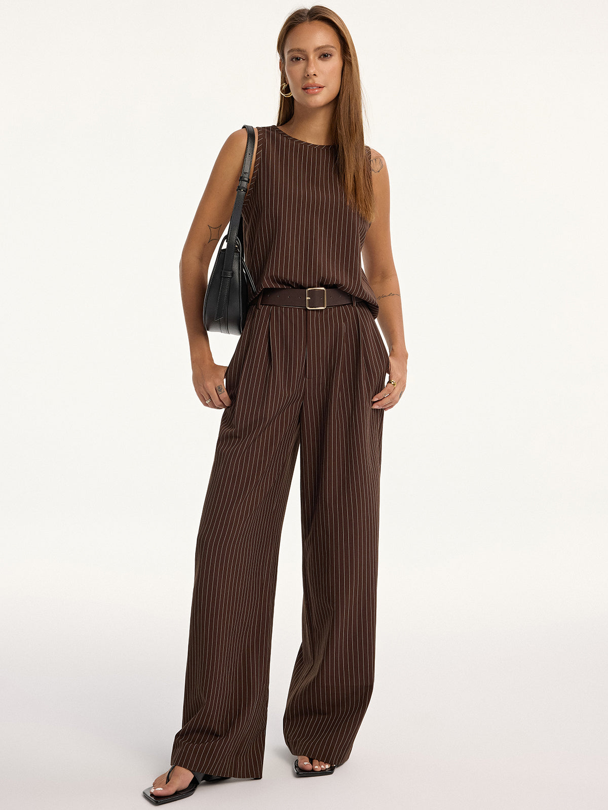 Pinstripe Sleeveless Top and Pants Set with Belt COMMENSE