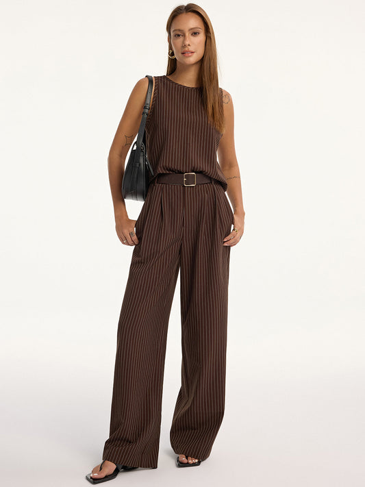 Pinstripe Sleeveless Top and Pants Set with Belt COMMENSE