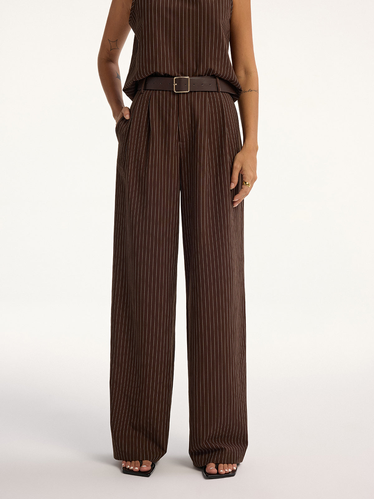 Pinstripe Sleeveless Top and Pants Set with Belt COMMENSE