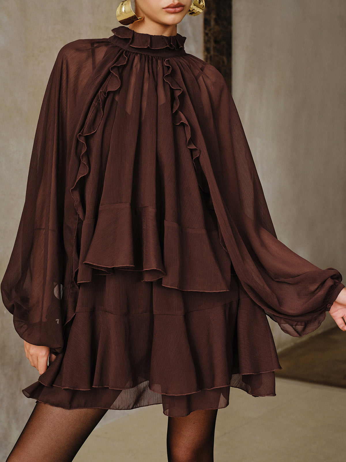Tiered Ruffle Chiffon Mini Dress Set with Liner COMMENSE