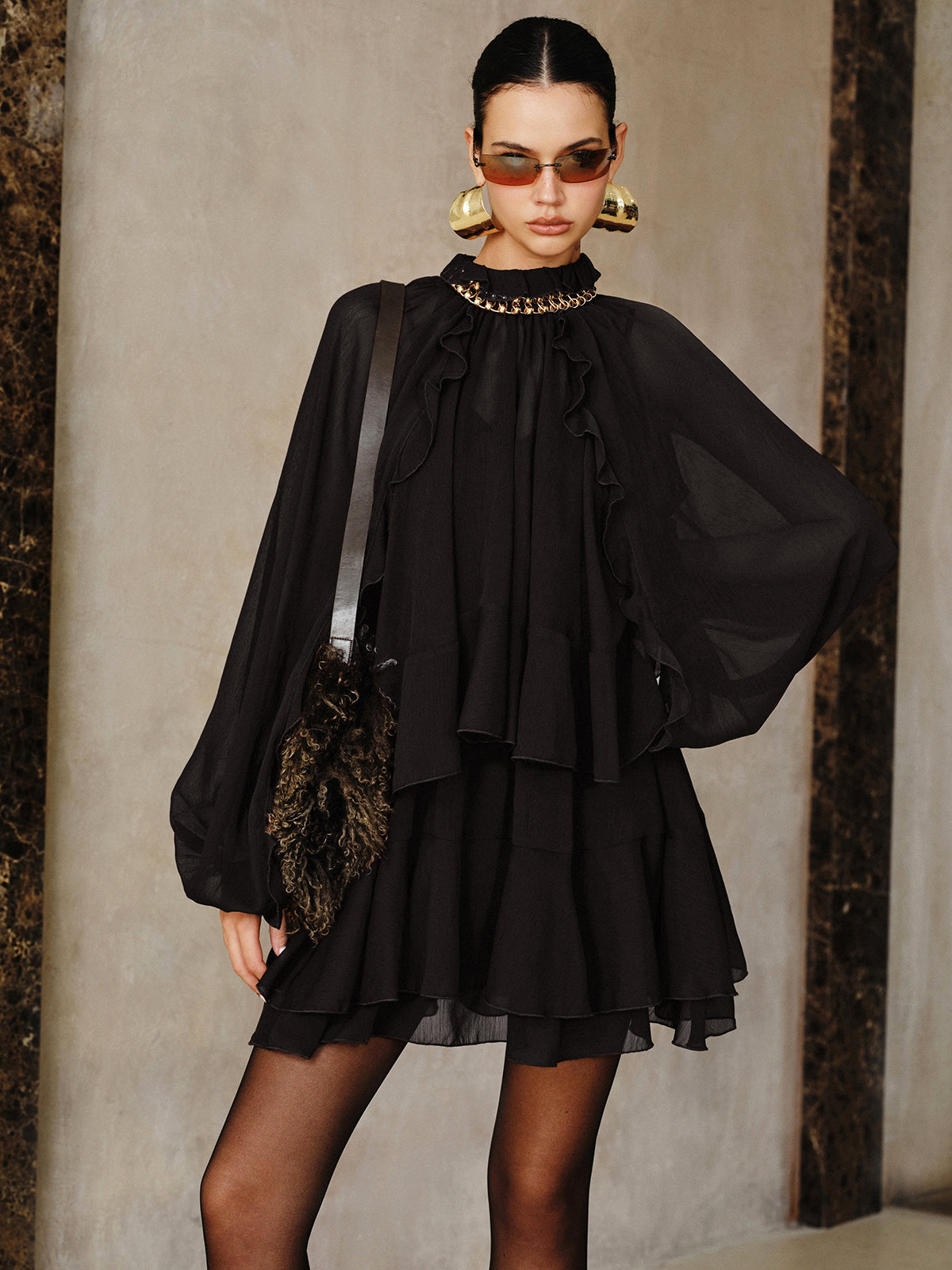 Tiered Ruffle Chiffon Mini Dress Set with Liner COMMENSE