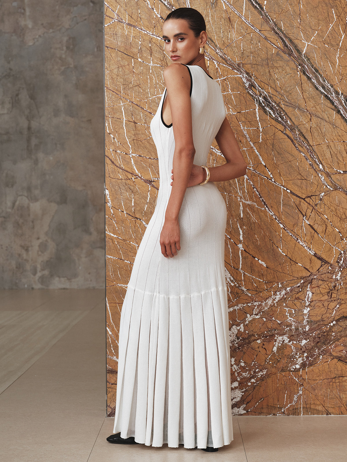 Contrast Trim Sheer Panel Knit Maxi Dress COMMENSE
