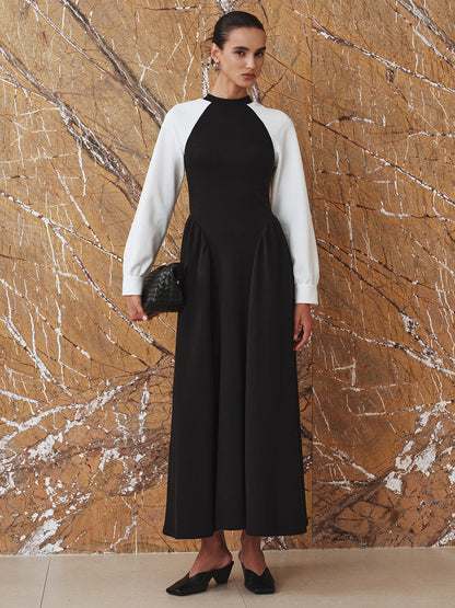 Contrast-Sleeve Pleated Midi Dress COMMENSE