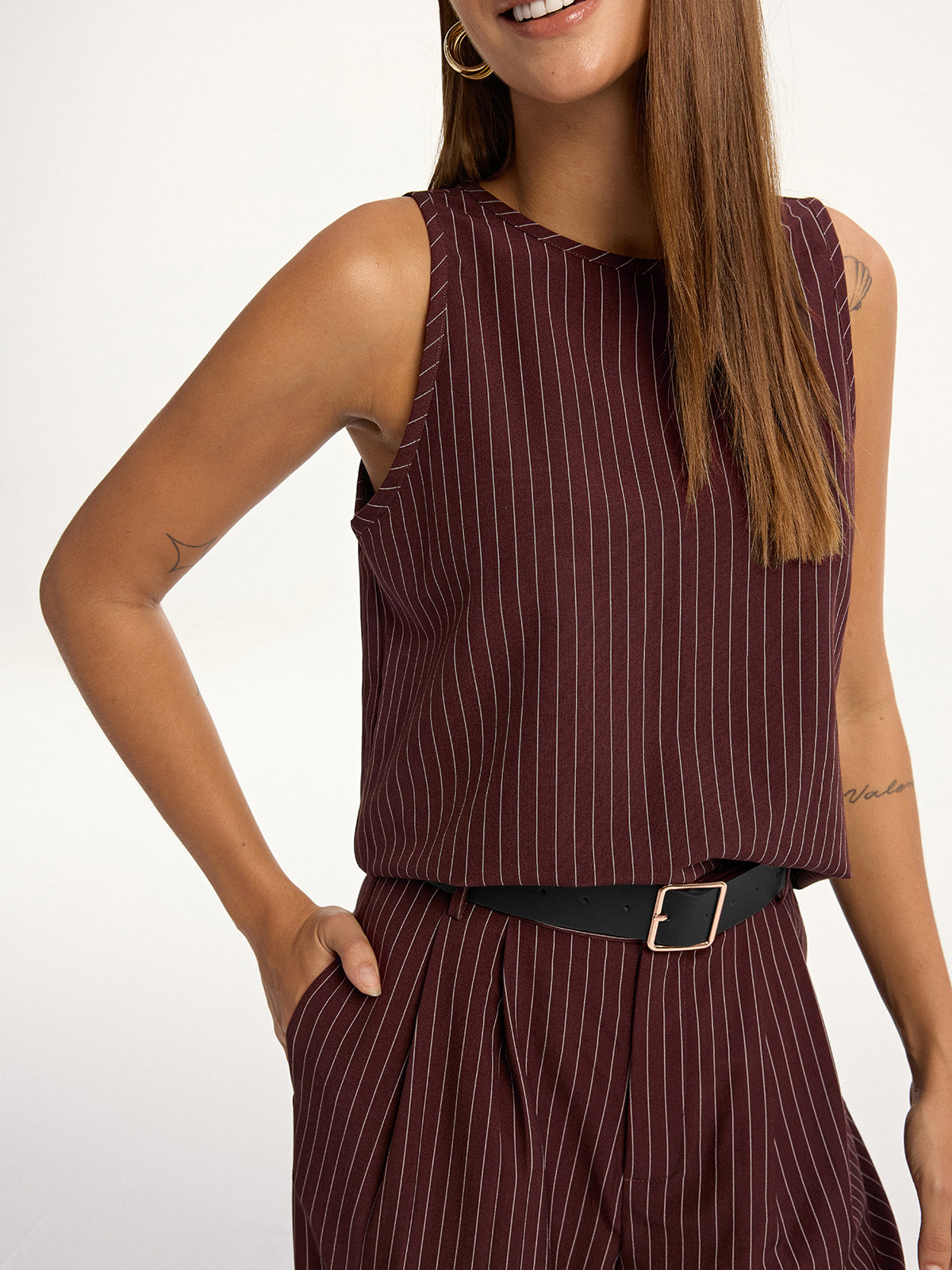 Pinstripe Sleeveless Top and Pants Set with Belt COMMENSE