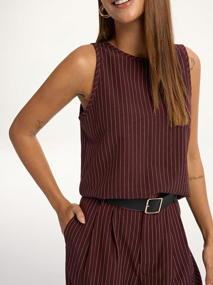 Pinstripe Sleeveless Top and Pants Set with Belt COMMENSE