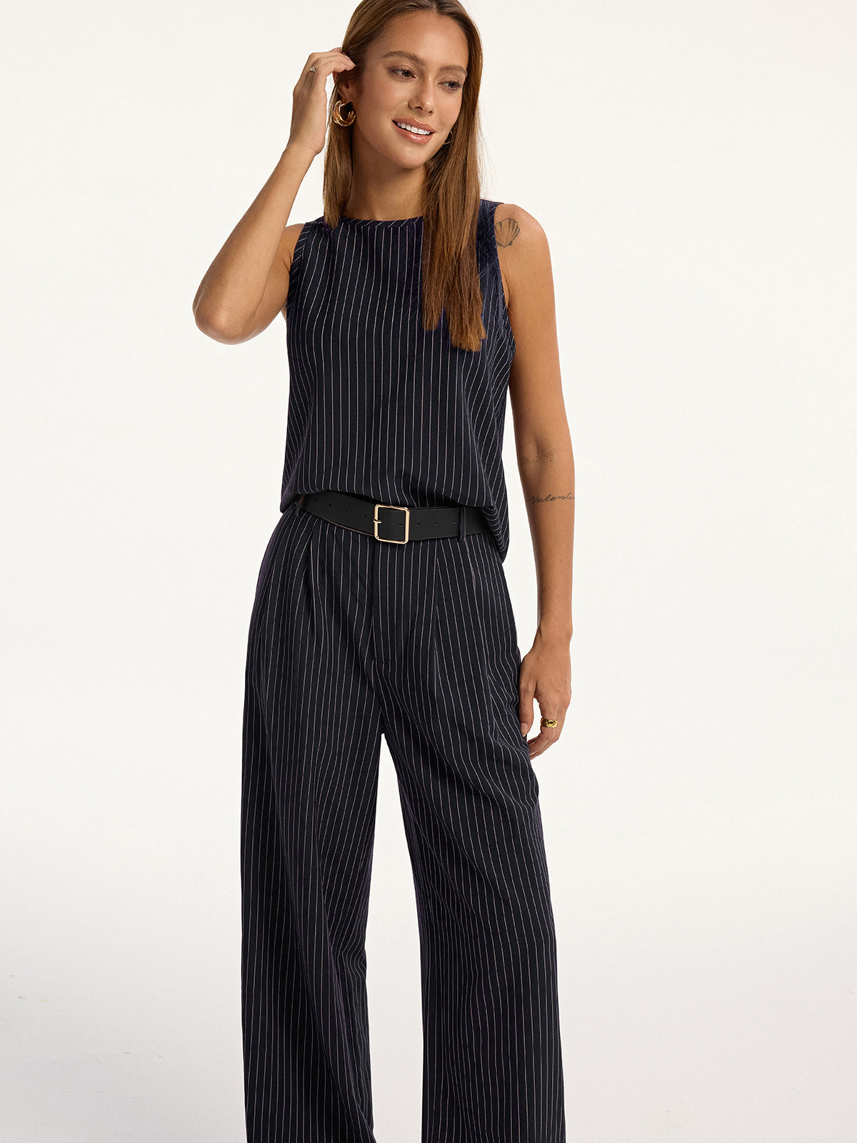Pinstripe Sleeveless Top and Pants Set with Belt COMMENSE
