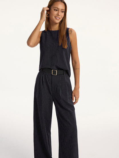 Pinstripe Sleeveless Top and Pants Set with Belt COMMENSE