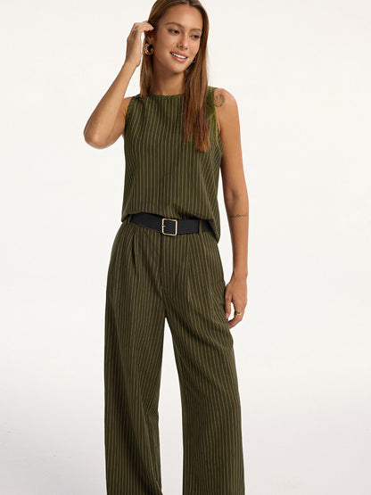 Pinstripe Sleeveless Top and Pants Set with Belt COMMENSE