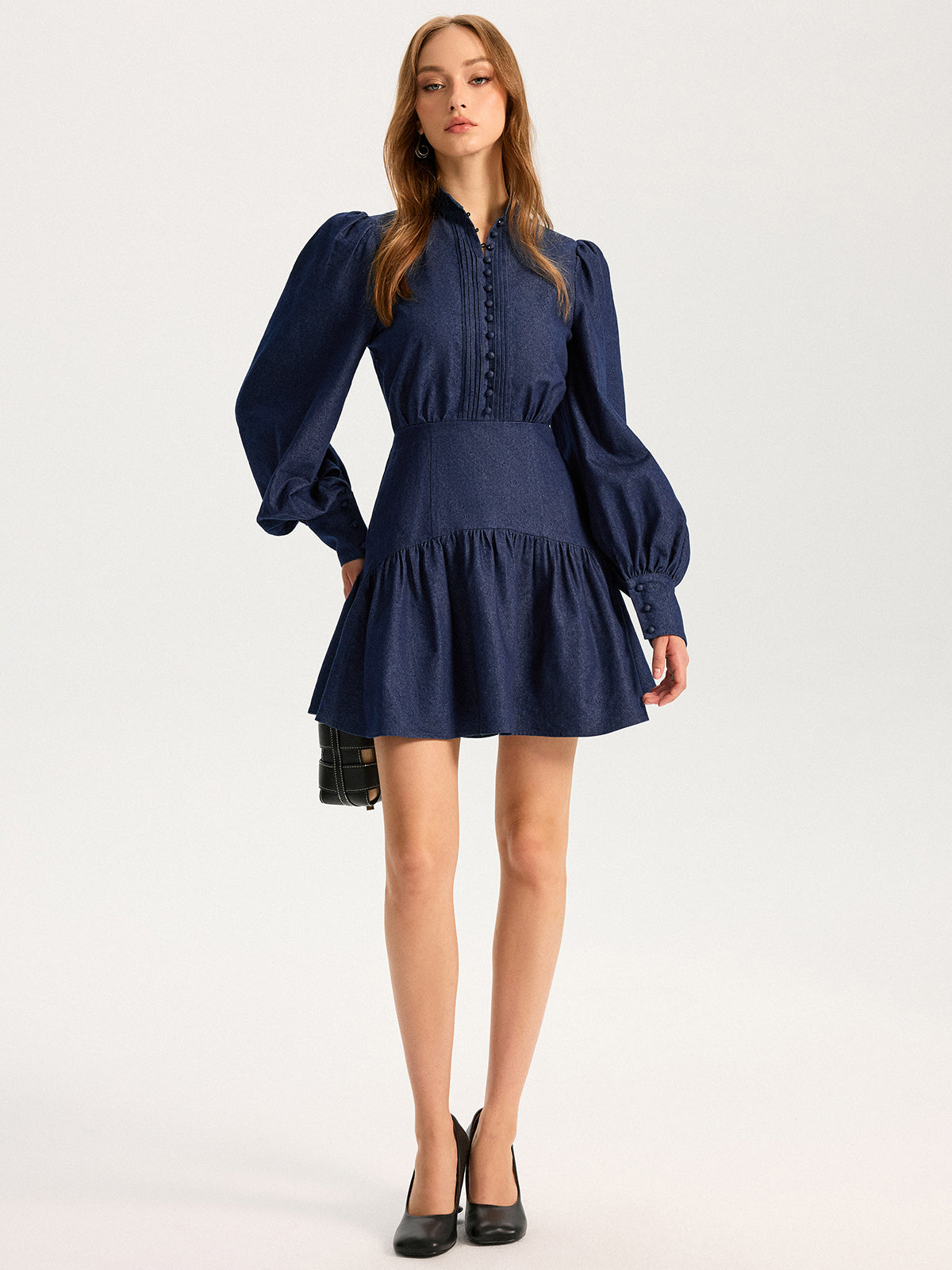 Denim Stand Collar Puff Sleeve Mini Dress COMMENSE