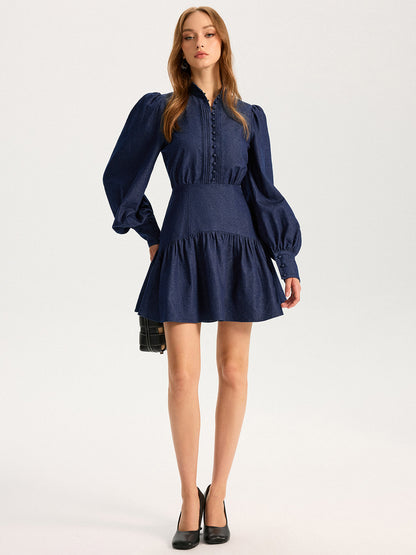 Denim Stand Collar Puff Sleeve Mini Dress COMMENSE