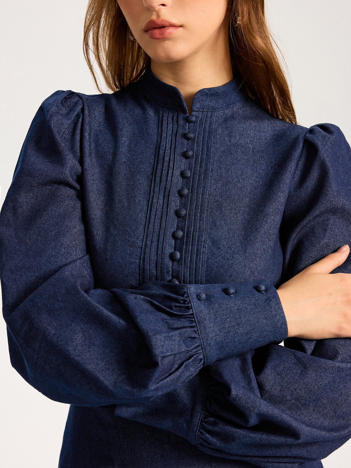 Denim Stand Collar Puff Sleeve Mini Dress COMMENSE