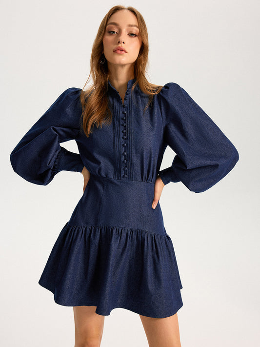 Denim Stand Collar Puff Sleeve Mini Dress COMMENSE