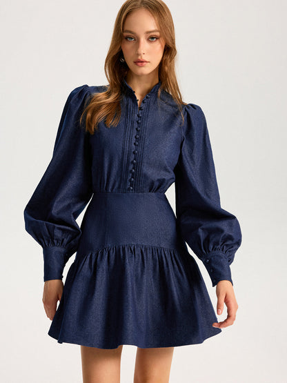 Denim Stand Collar Puff Sleeve Mini Dress COMMENSE
