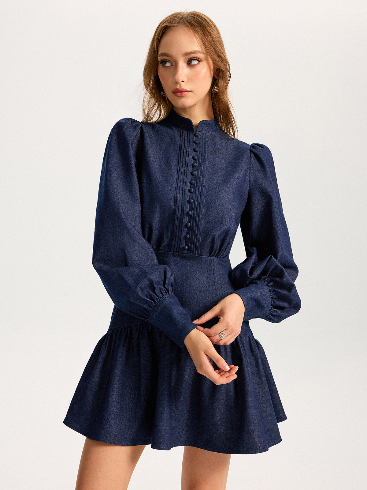 Denim Stand Collar Puff Sleeve Mini Dress COMMENSE