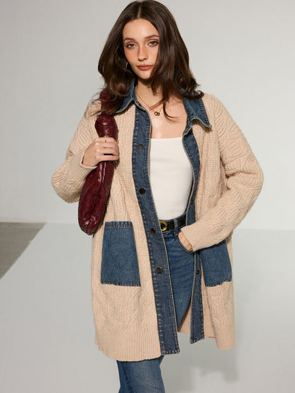 Kablo Örgü Denim Panelli Uzun Hırka THESVELTECHIC