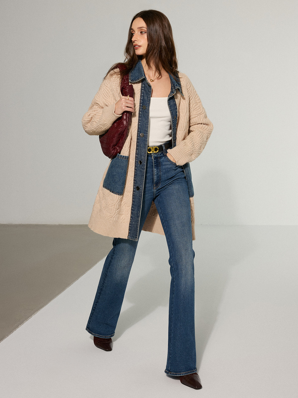 Kablo Örgü Denim Panelli Uzun Hırka THESVELTECHIC