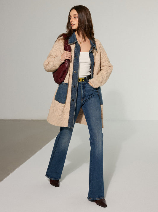 Kablo Örgü Denim Panelli Uzun Hırka THESVELTECHIC