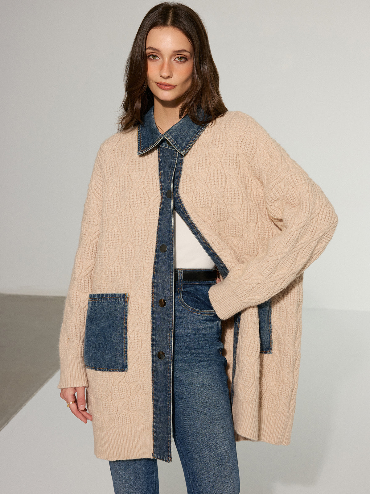 Kablo Örgü Denim Panelli Uzun Hırka THESVELTECHIC