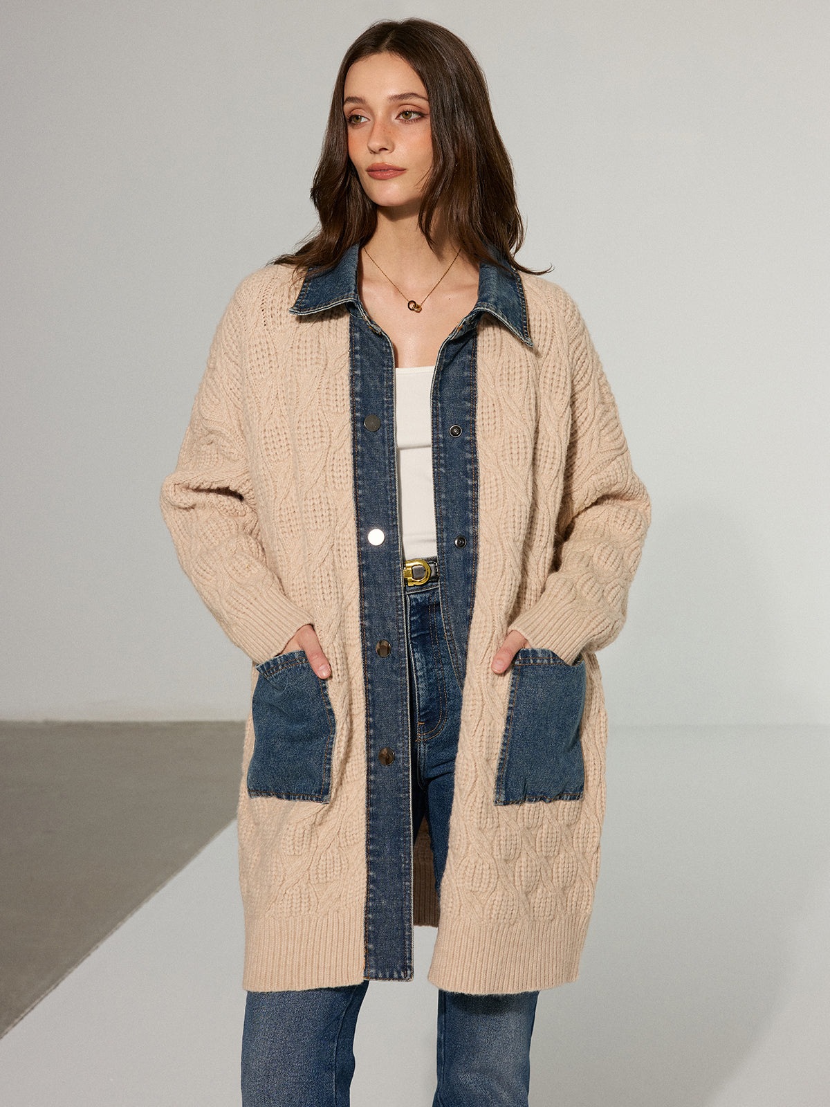 Kablo Örgü Denim Panelli Uzun Hırka THESVELTECHIC
