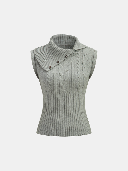 Large Lapel Cable Knit Sleeveless Sweater Vest COMMENSE