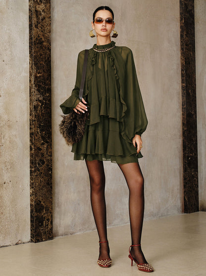 Tiered Ruffle Chiffon Mini Dress Set with Liner COMMENSE